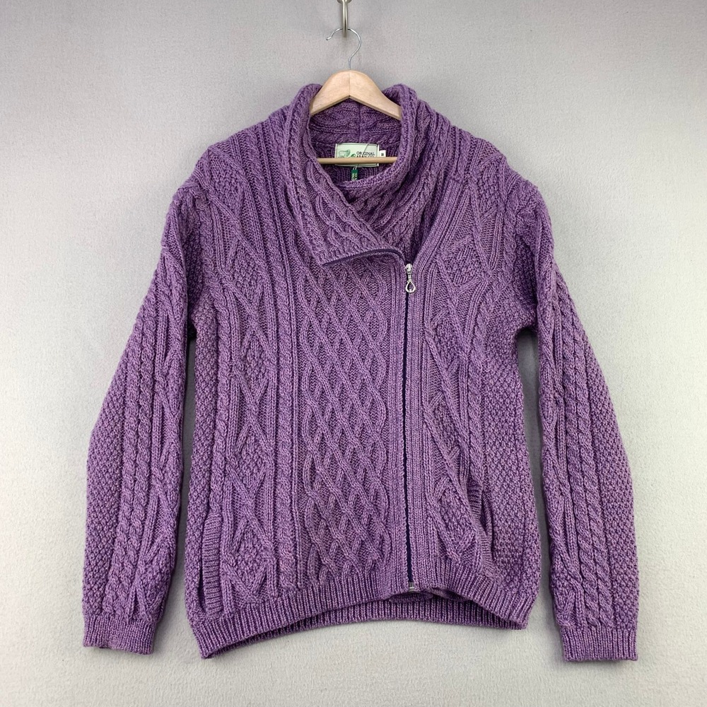 Original Aran Cardigan Sweater Womens Medium Merino Wool Cable Knit Fisherman